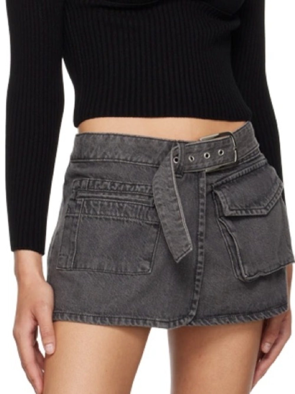Gimaguas Washed Grey Denim Belted Mini Skirt